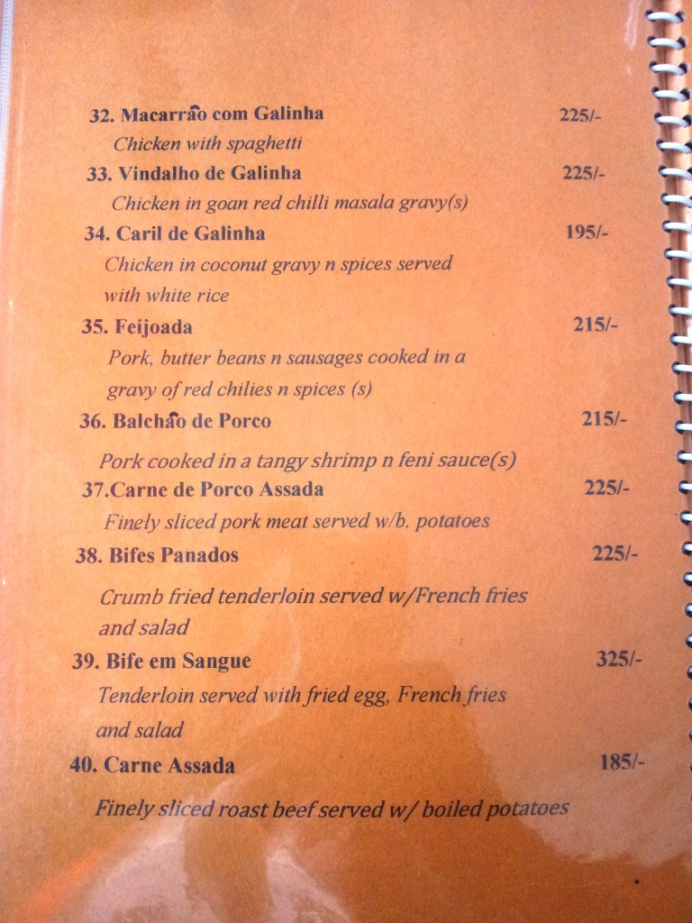 Menu em Goa